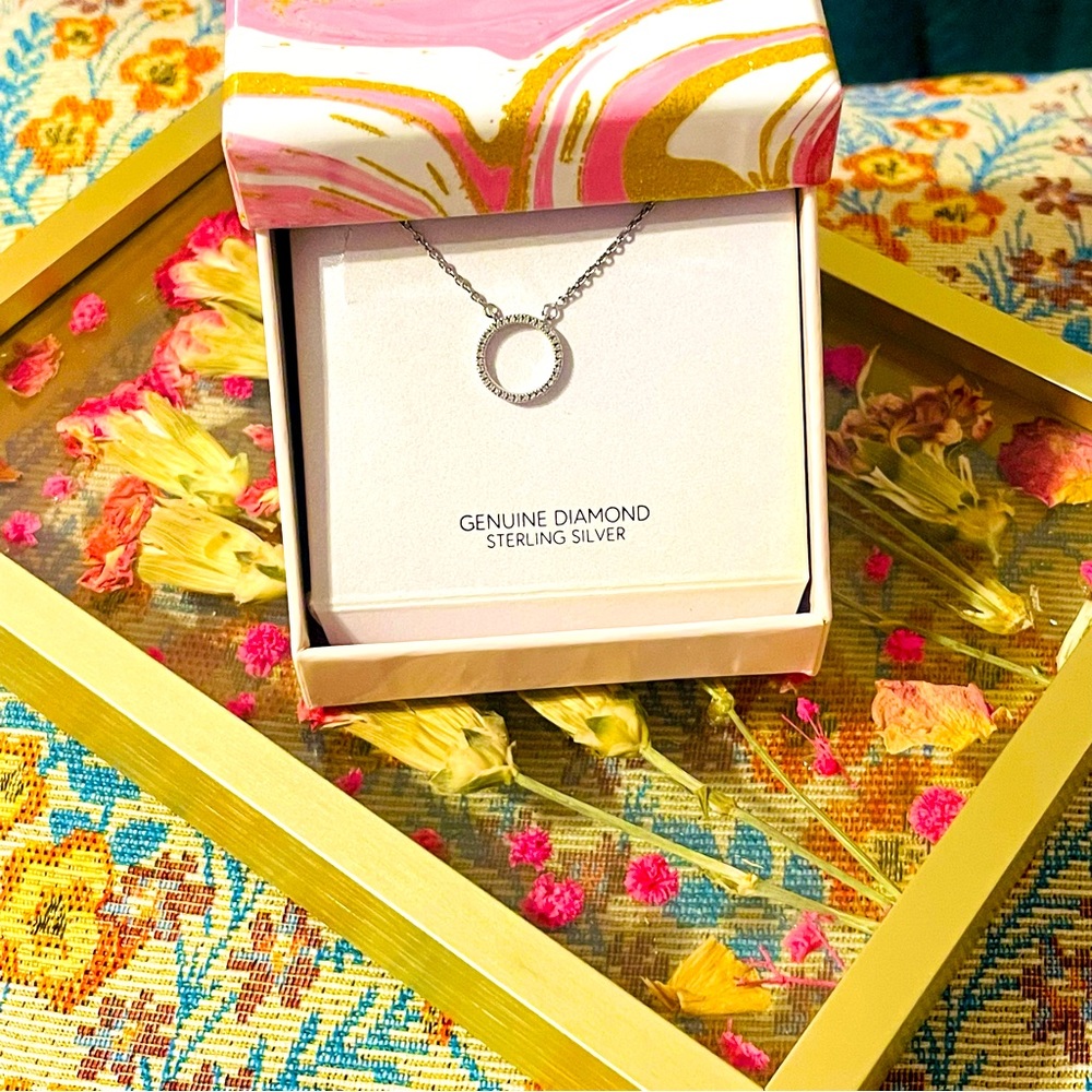 Real diamond circle pendant necklace set in sterling silver 18” adjustable chain